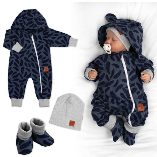 Rostoucí teplákový overal pro miminko, čepice, botky, 3D, Nature - jeans pírka (1)