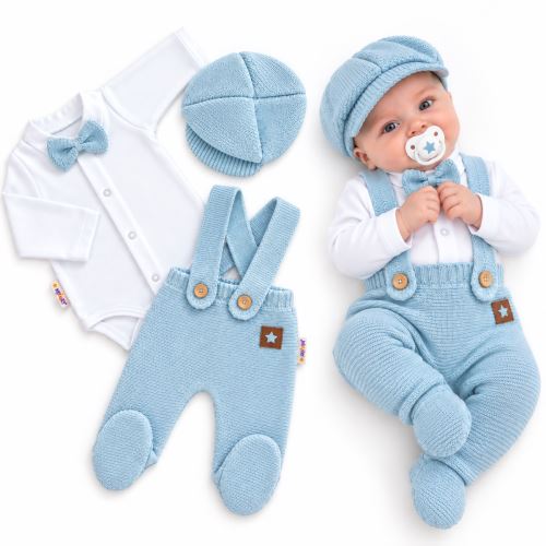 Pletená súprava Gentleman 3D, body, polodupačky s laclom, čiapočka, sv. modrá (2)