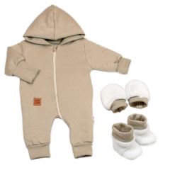 Bavlněný oteplený overálek s kapucí, rukavičky, botky, 3D sada Nature - taupe (3)