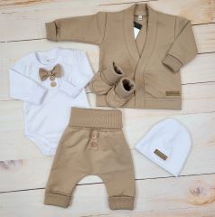 Bavlněná sada, body, kalhoty, motýlek a čepice Elegant Boy 5D, Kazum, mocca/bílá (1)