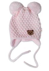 Zimní pletená čepice Teddy Bear na zavazování, růžová, Baby Nellys (1)