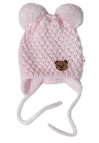 Zimní pletená čepice Teddy Bear na zavazování, růžová, Baby Nellys (1)