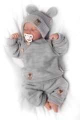 Pletená bavlněná čepice s oušky, dvouvrstvá, Hand Made Baby Nellys, šedá (3)