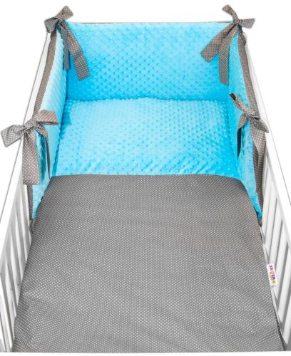 3-dílná sada mantinel s povlečením minky Baby Nellys - Tečky, minky tyrkys/tm. šedá (1)