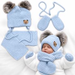 Detská sada, zimná čiapka so šálom + rukavičky 3D, Teddy Bear - sv. modrá (1)