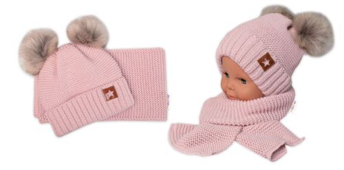 Zimná čiapka s kožušinovými brmbolcami + šál Baby Nellys Star - púdrová, 6/24 mesiacov (3)
