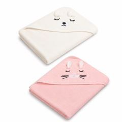 Detské osušky s kapucňou Bath Friends – Zajačik + Teddy, 100 × 100 cm, súprava 2 ks
