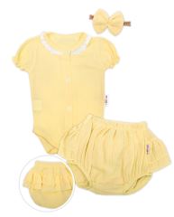 Baby Nellys 3-dílná mušelínová soupravička, body, kraťasky + čelenka GIRL, žlutá