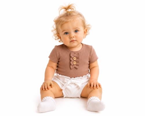 Baby Nellys Kojenecké žebrované body s knoflíčky kr. rukáv, Girl - hnědé (1)