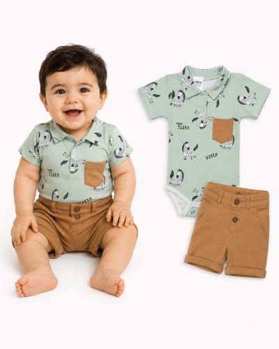 Baby Nellys 2-dílná sada body kr. rukáv, kraťásky, Zebra - mátová, hnědá (1)