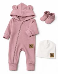 Rastúci oteplený overal s čiapkou a topánočkami, 3D - pudrovo ružová