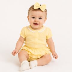 Baby Nellys 3-dílná mušelínová soupravička, body, kraťasky + čelenka GIRL, žlutá