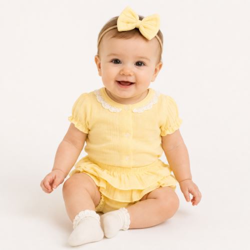 Baby Nellys 3-dílná mušelínová soupravička, body, kraťasky + čelenka GIRL, žlutá (1)