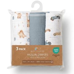 Mušelínové plienky pre bábätko 3 ks 70 × 70 cm z jemnej bavlny - modré, Auta a dinosauri (3)