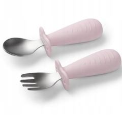 Detský jedálenský set BabyOno, silikónový tanier s prísavkou + príbory nerez,silikón, pink