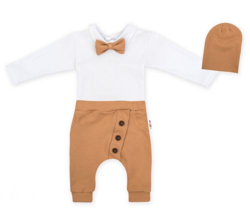 Baby Nellys 3-dílná sada Hubert, body s motýlkem  dl.rukáv, tepláčky a čepička - hnědá