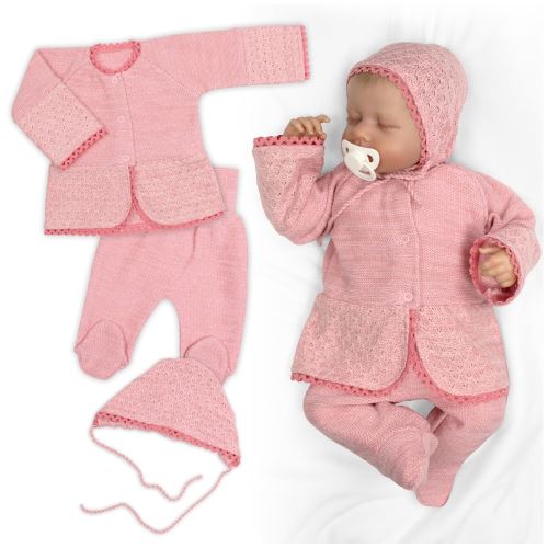 Luxusná pletená sada, kabátik, polodupačky a čiapky, 3D - púdrovo růžová (6) Luxusná pletená sada, kabátik, polodupačky a čiapky, 3D - púdrovo růžová (6)