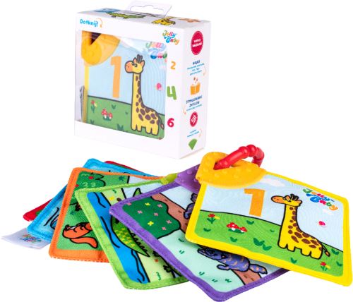 Jollybaby Textilná knižka s hryzátkami Zvieratká a čísla – šuštiaca, 0m+