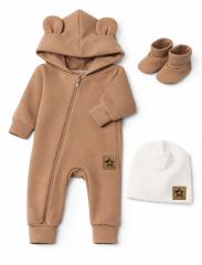Rastúci oteplený overal s čiapkou a topánočkami, 3D - karamelový