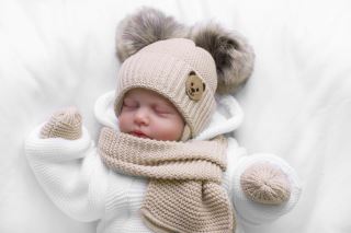 Detská sada, zimná čiapka so šálom + rukavičky 3D, Teddy Bear - béžová (4)