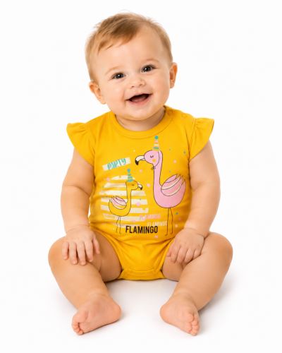 Baby Nellys Bavlněné kojenecké body, kr. rukáv, Flamingo - hořčicové (1)
