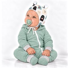 Baby Nellys Kojenecká čepička s oušky na zavazování - Příšerky, bílá/mátová