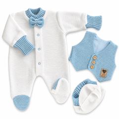 Pletený overal Oliver s vestičkou a čiapočkou Baby Nellys, biela, modrá